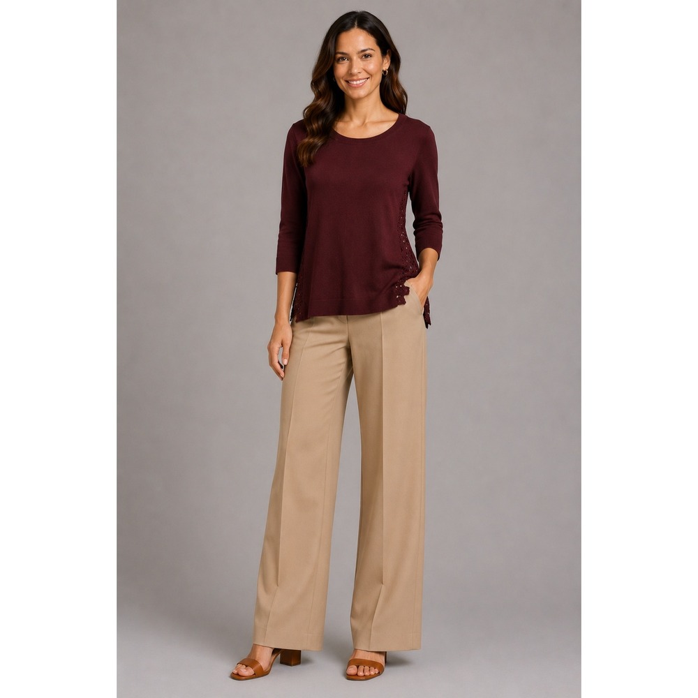Loft Outlet Medium Burgundy Lace Back Sweater 3/4 Sleeve Cotton‎ Knit Floral Red